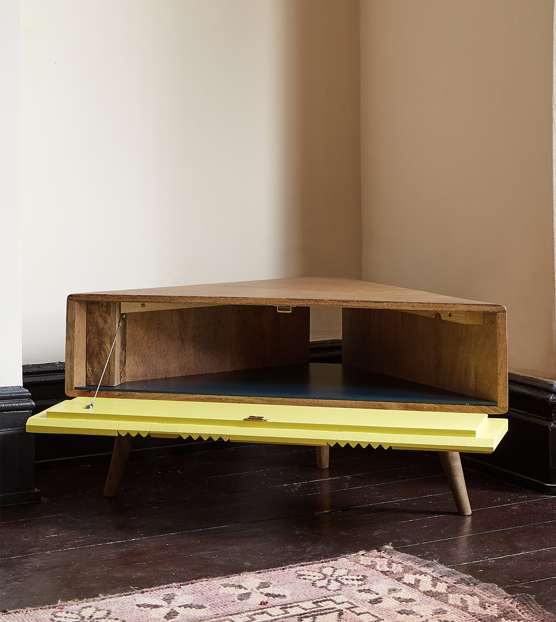 One Offs 7 Contemporary Corner TV Stand in Grey Wash Mango Wood