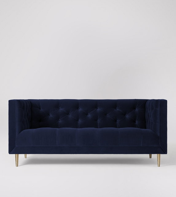 Vincent TwoSeater Sofa in Indigo Plush Velvet with Brass Feet Swoon