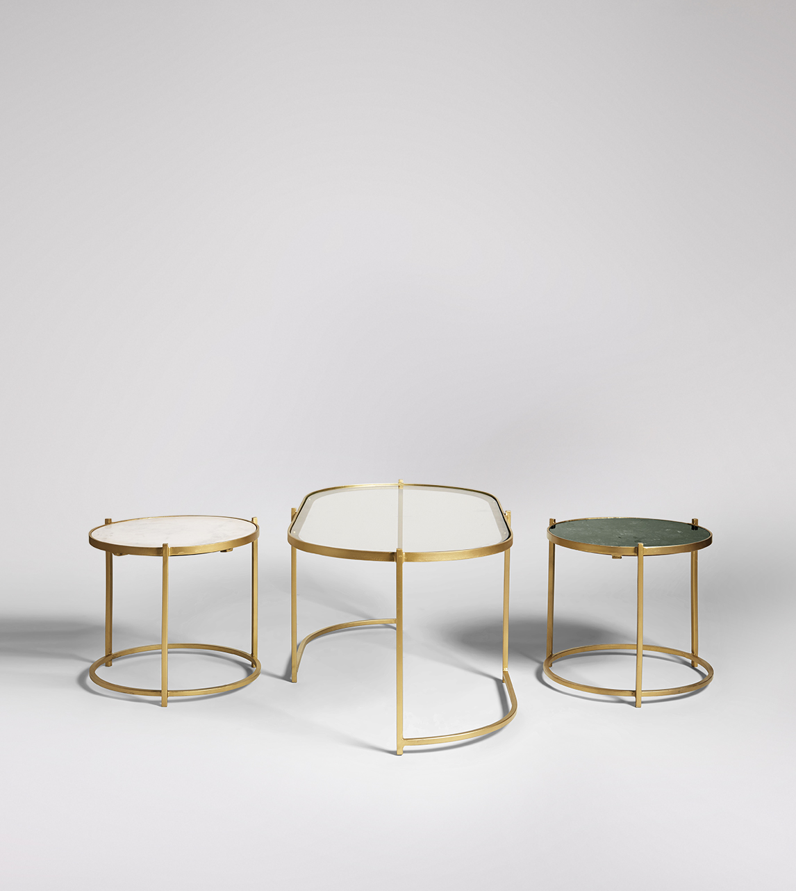 Coffee Table, Art Deco Style in Brass with Green & White Marble Swoon