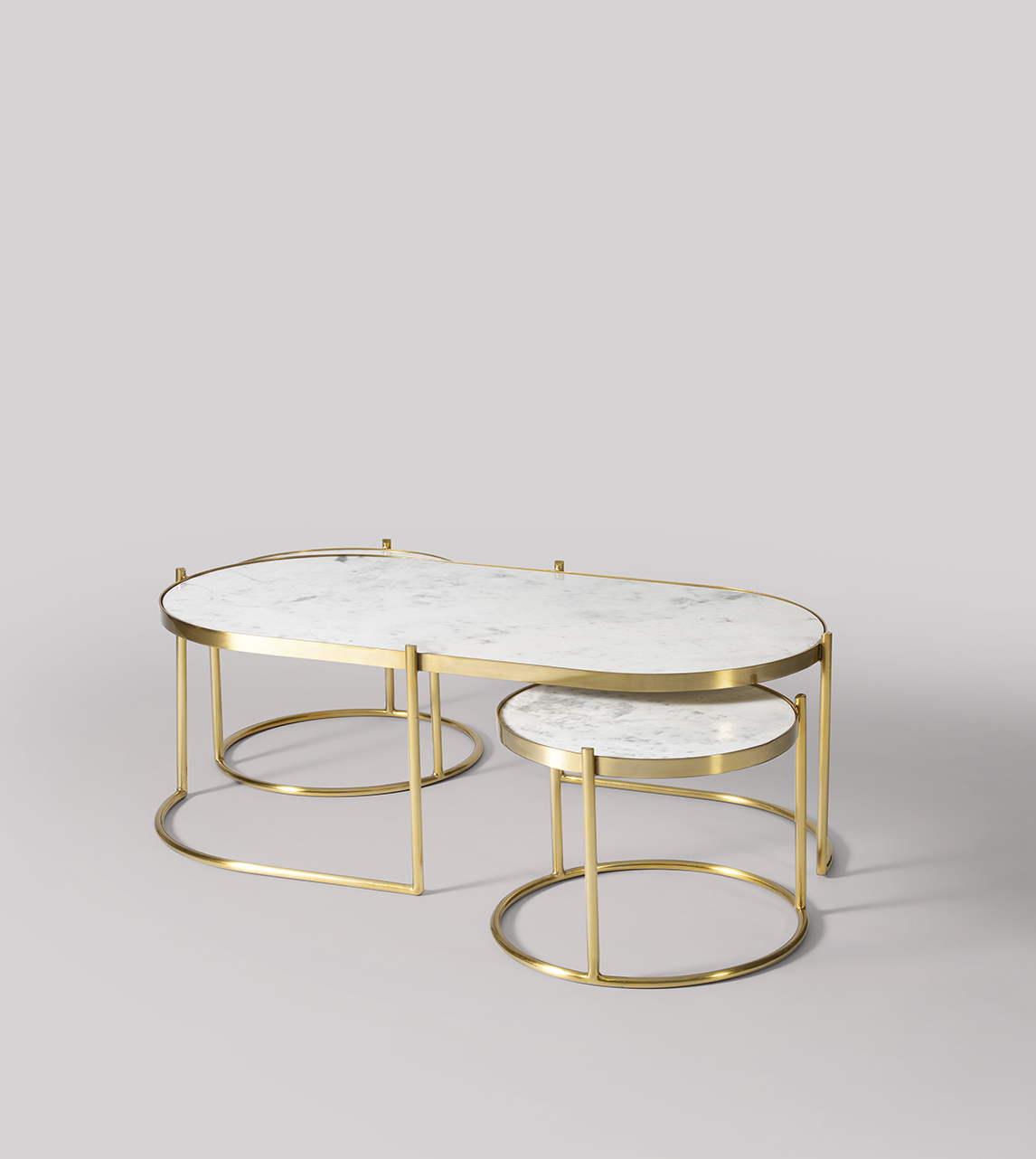 Cassel Art Deco Nesting Coffee Tables in White Marble & Brass Swoon