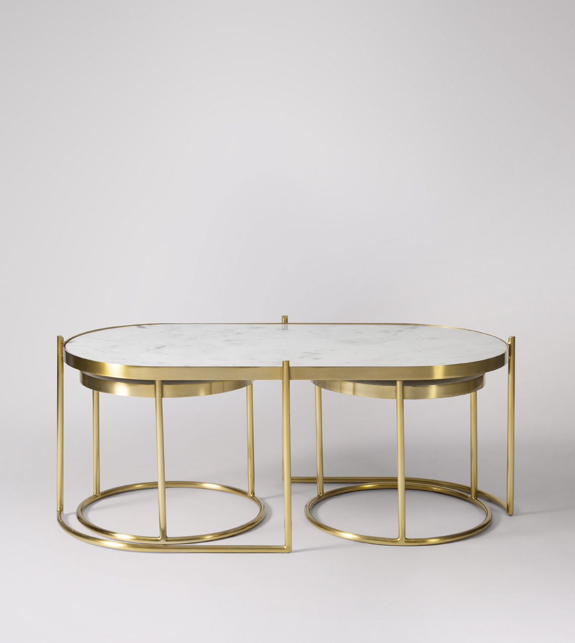 Cassel Art Deco Nesting Coffee Tables in White Marble & Brass Swoon