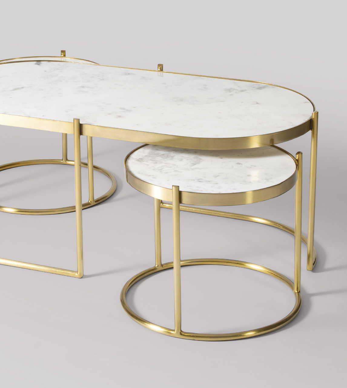 Cassel Art Deco Nesting Coffee Tables in White Marble & Brass Swoon