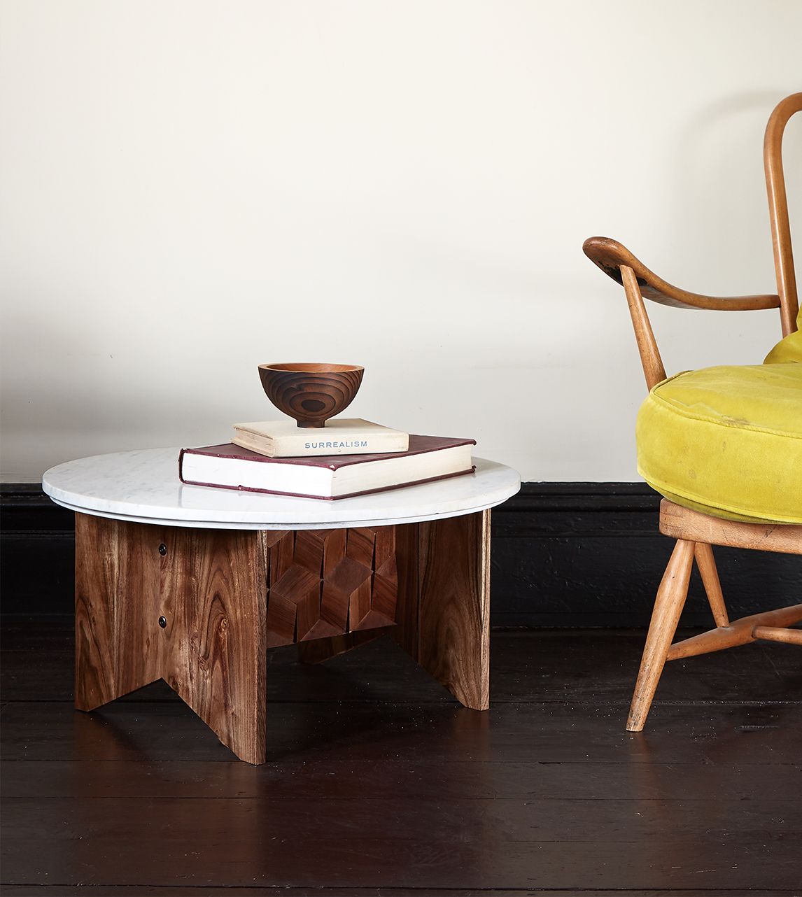 One Off 12 MidCentury Coffee Table in Acacia & White Marble Swoon