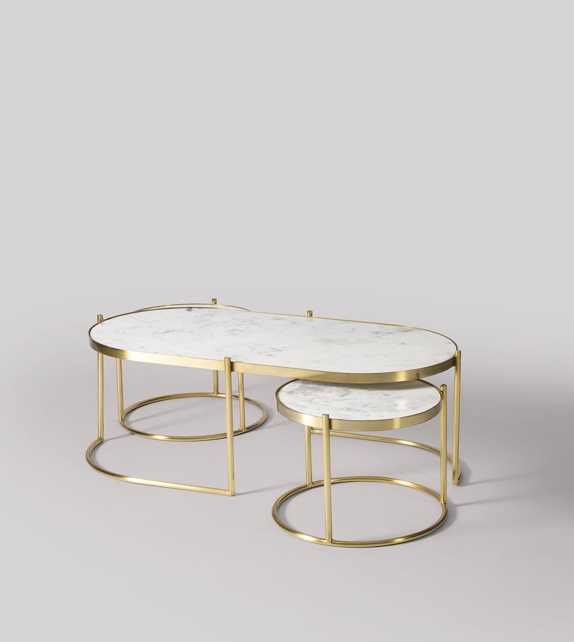 Cassel Art Deco Nesting Coffee Tables in White Marble & Brass Swoon