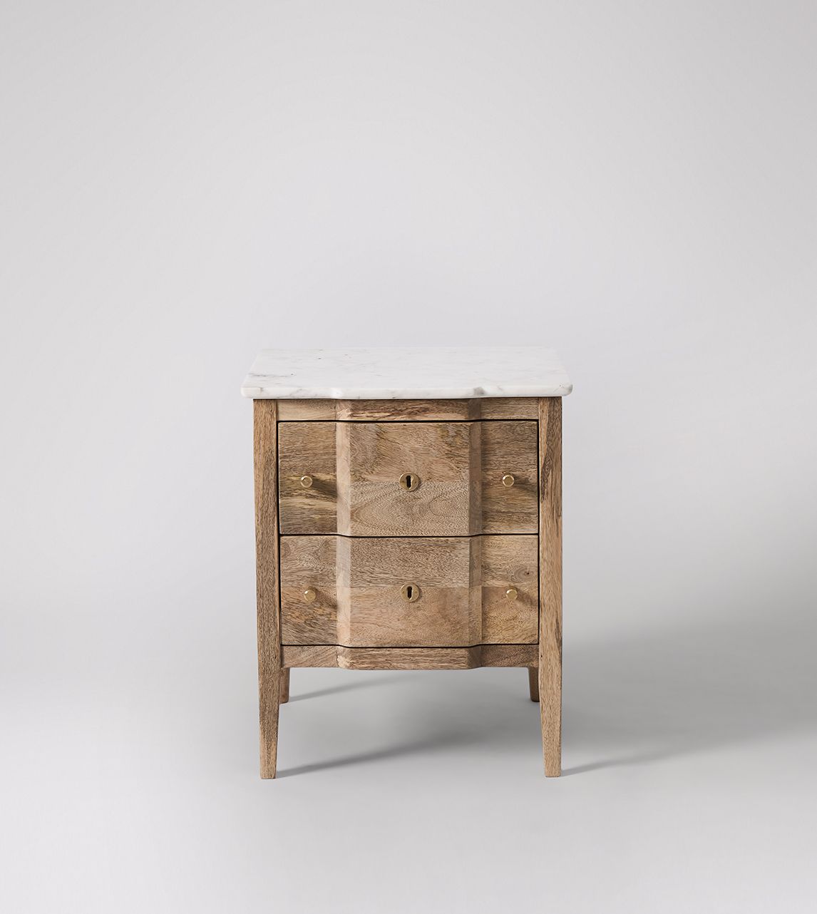 Duval Bedside Table Contemporary Style in Natural Mango Wood White Marble Brass Swoon