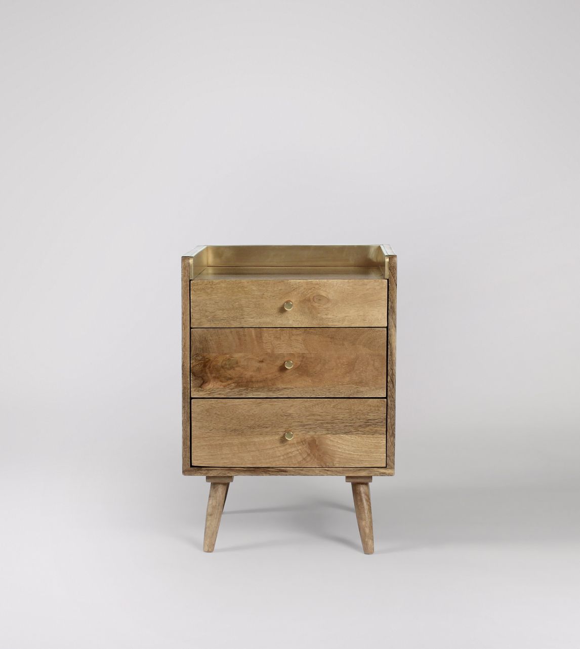 Fresco Threedrawer Bedside Table, Midcentury Scandi Style in Natural Oakstained Mango Wood