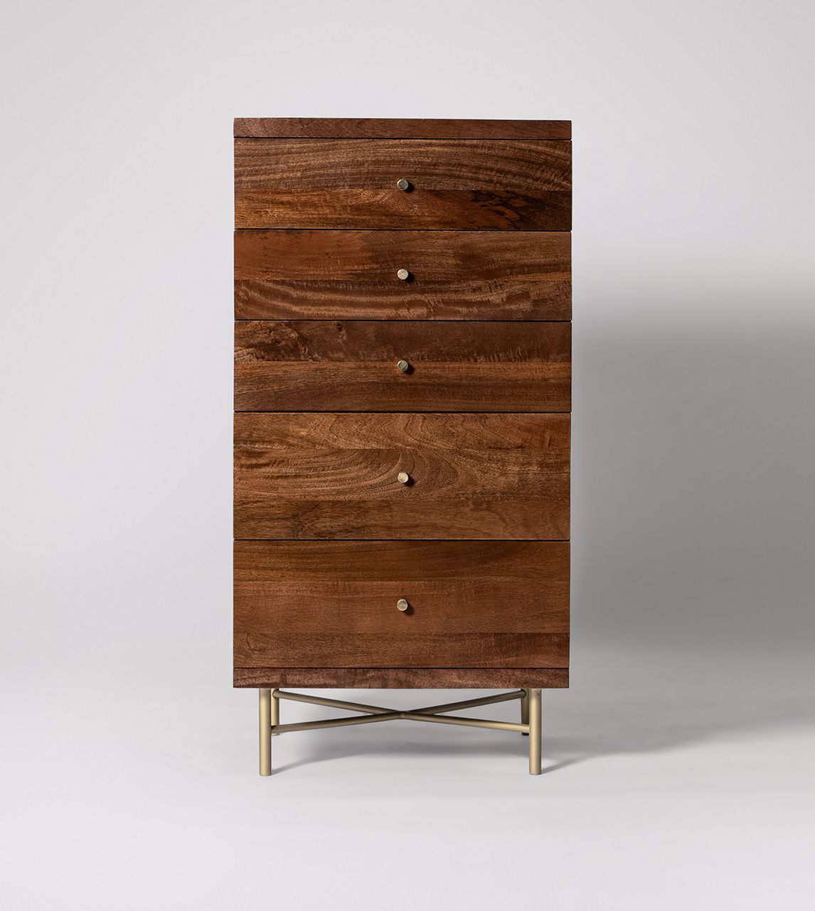 Halle Fivedrawer Tallboy Chest of Drawers, MidCentury Modern Style in Light Brown Mango Wood