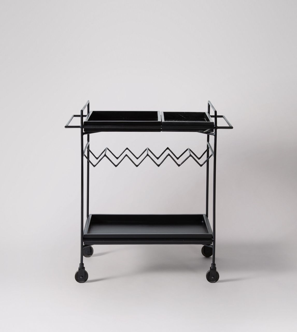 Hansel Industrial Drinks Trolley in Black Marble, Black Mango Wood