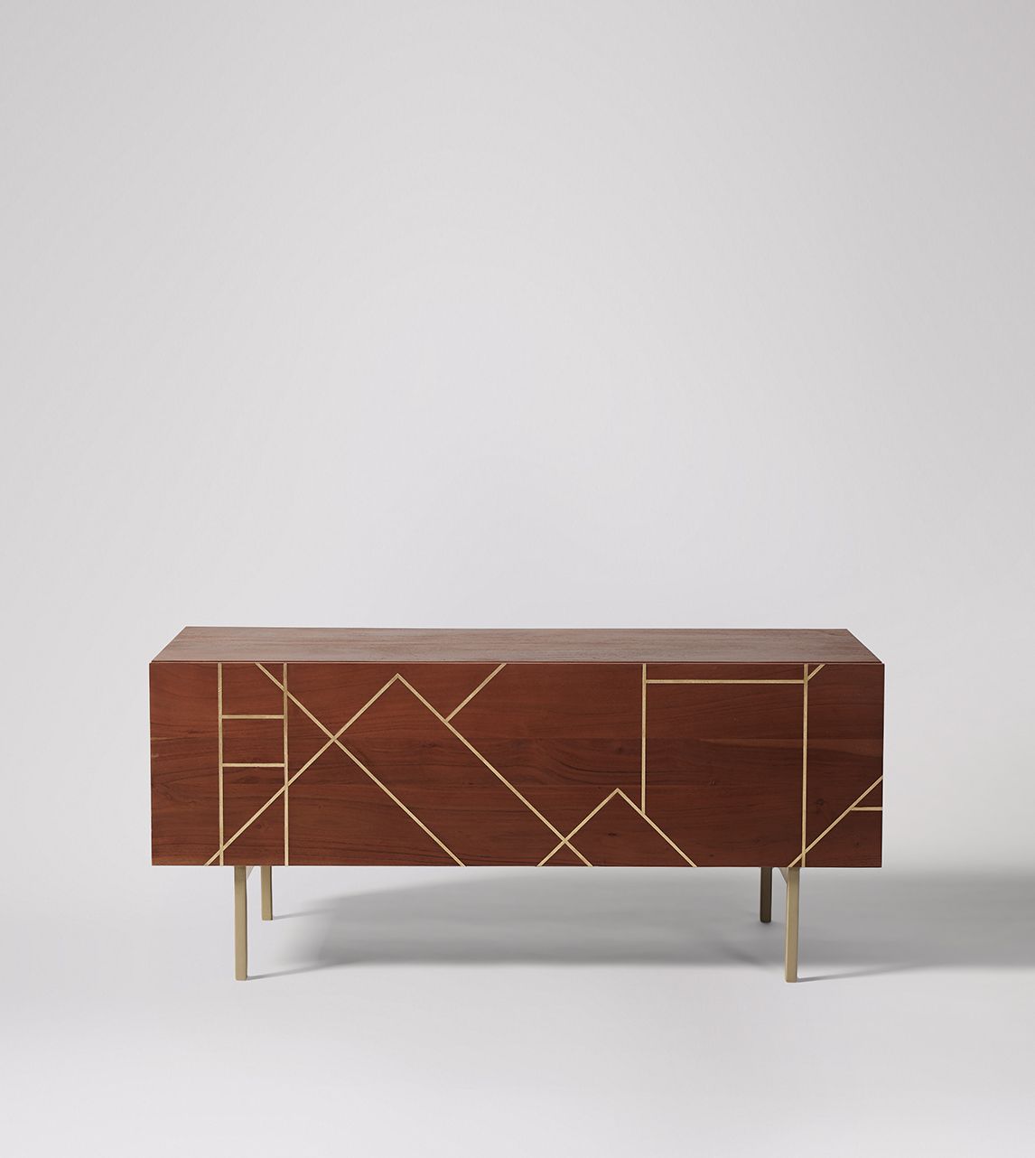 Jai TV Stand, Art Deco Style in Acacia & Brass Swoon