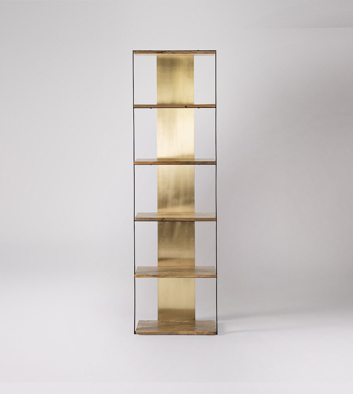 Loretta Art Deco Shelving Unit in Natural Mango Wood, Brass & Matt Black Swoon