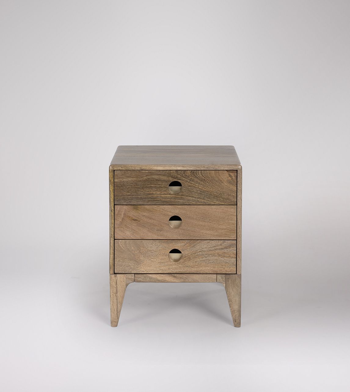 Nyhavn Scandinavian Three Drawer Bedside Table in Natural Mango Wood & Brass Swoon