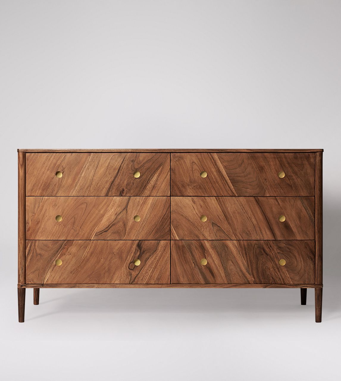 Shale MidCentury Style SixDrawer Chest of Drawers in Acacia & Brass
