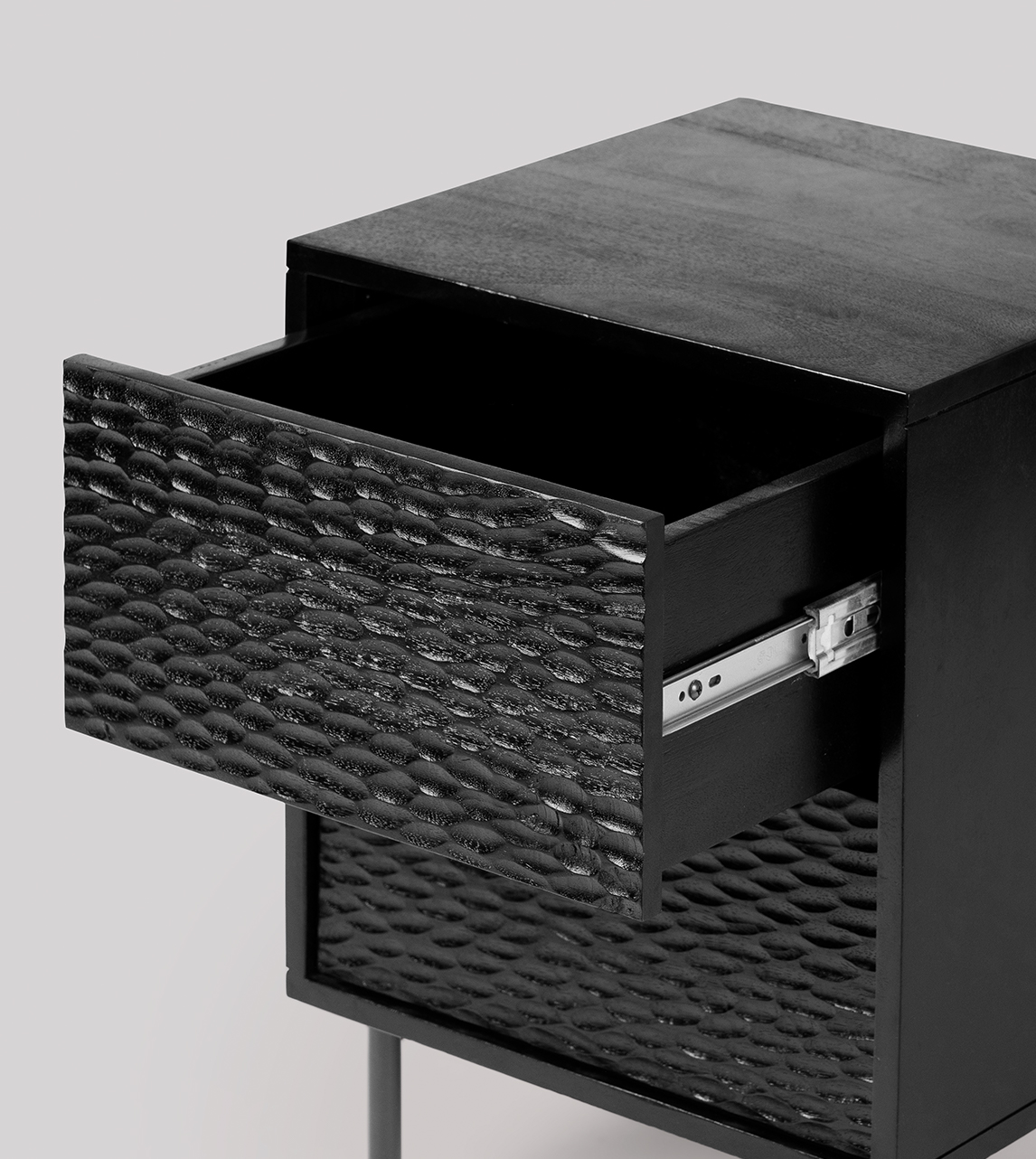 Epping Contemporary Bedside Table in Black Mango Wood & Matt Black
