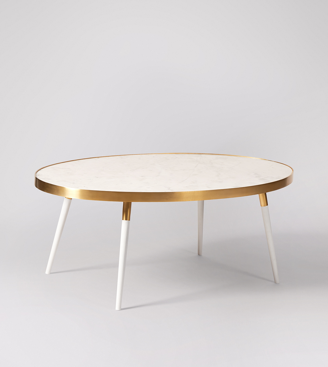 Eros Coffee Table in Antique Brass, White Marble & White Steel Swoon