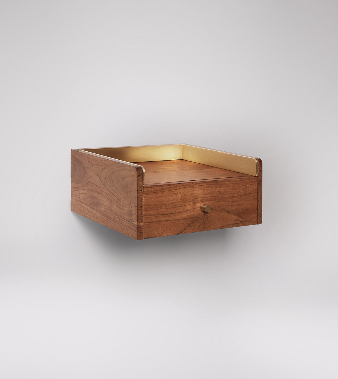 Fresco Scandi Style, WallMounted Bedside Table in Acacia & Brass Swoon