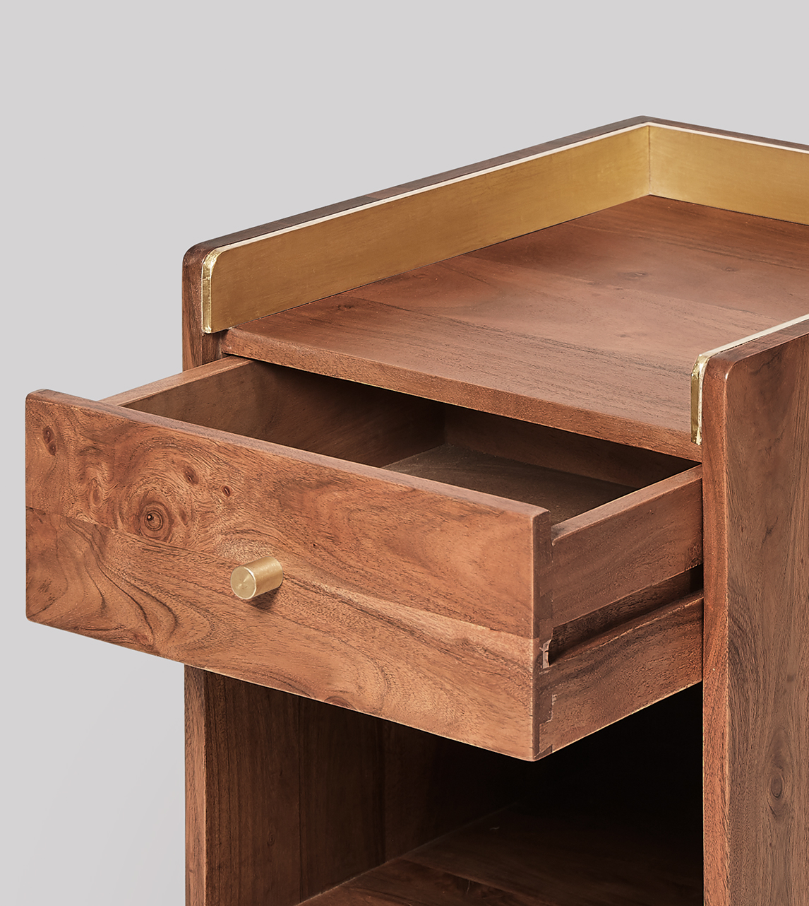 Fresco Scandi Style, Onedrawer Beside Table in Acacia & Brass Swoon