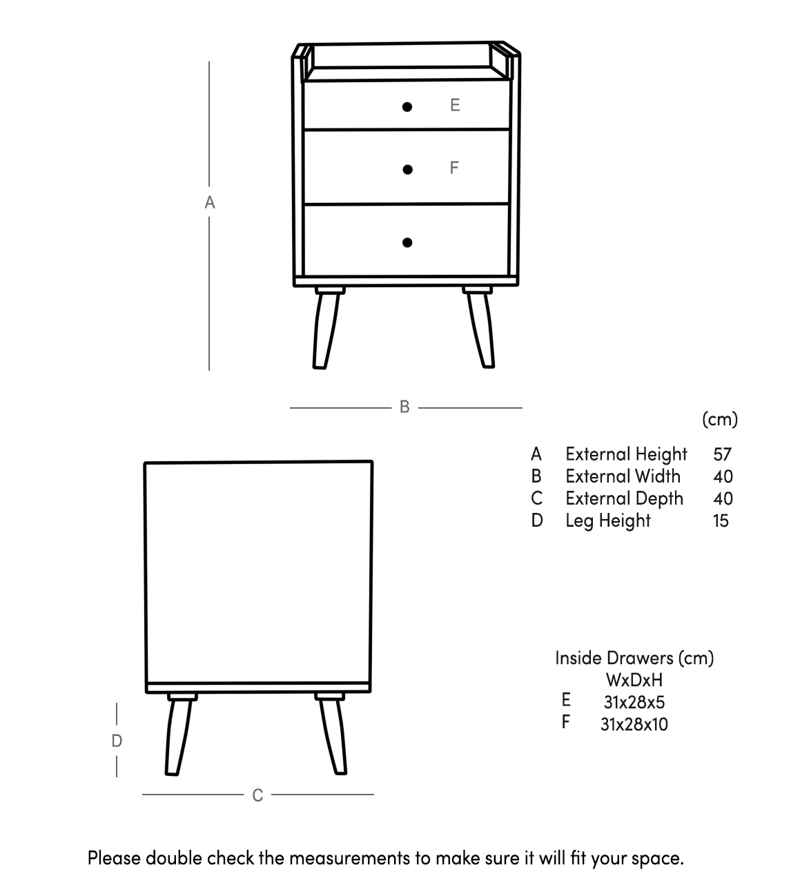 Fresco Threedrawer Bedside Table, Midcentury Scandi Style in Light