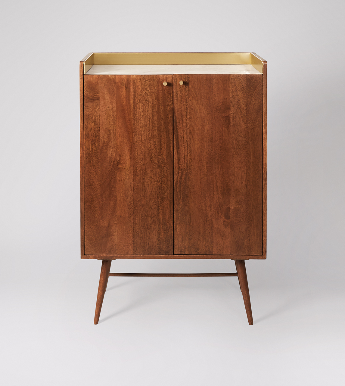 Fresco Mid Century Style Bar Cabinet in Brass Light Brown Mango