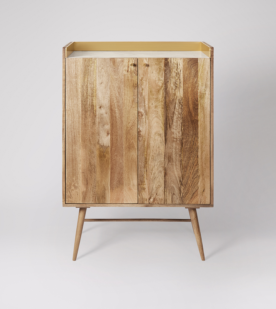 Fresco Mid Century Style Bar Cabinet in Brass Natural Oak