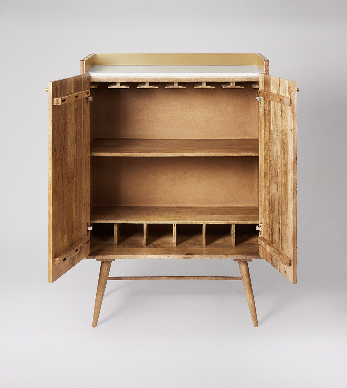Fresco Mid Century Style Bar Cabinet in Brass Natural Oak