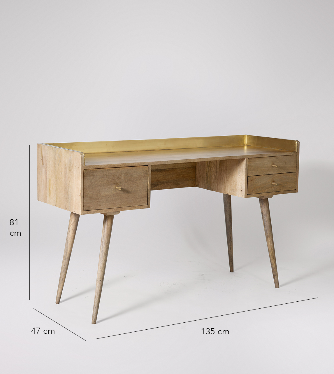 Fresco Mid Century Modern Desk In Natural Oak Stained Mango Wood Brass Swoon Desk In Natural Oak Stained Mango Wood, American Trails Art Deco Writing Desk