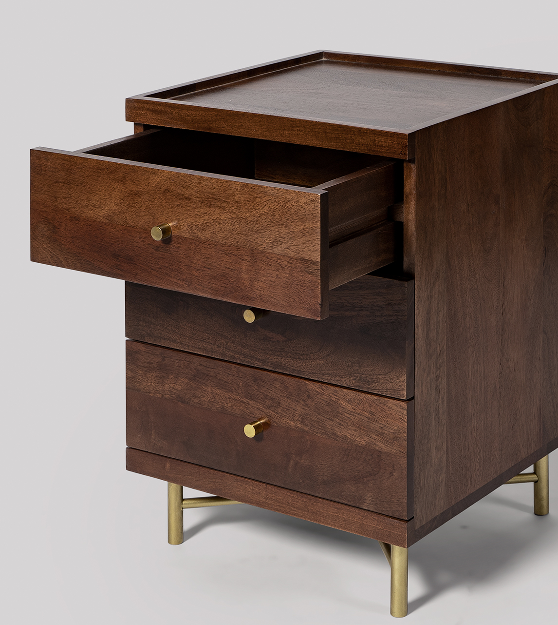 Halle ThreeDrawer Bedside Table, MidCentury Style in Light Brown