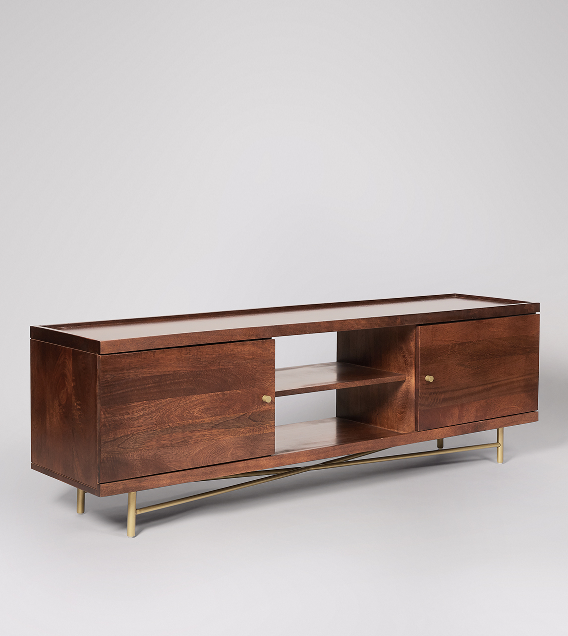 Halle Large TV Stand in Brass Dark Brown Mango Wood Swoon