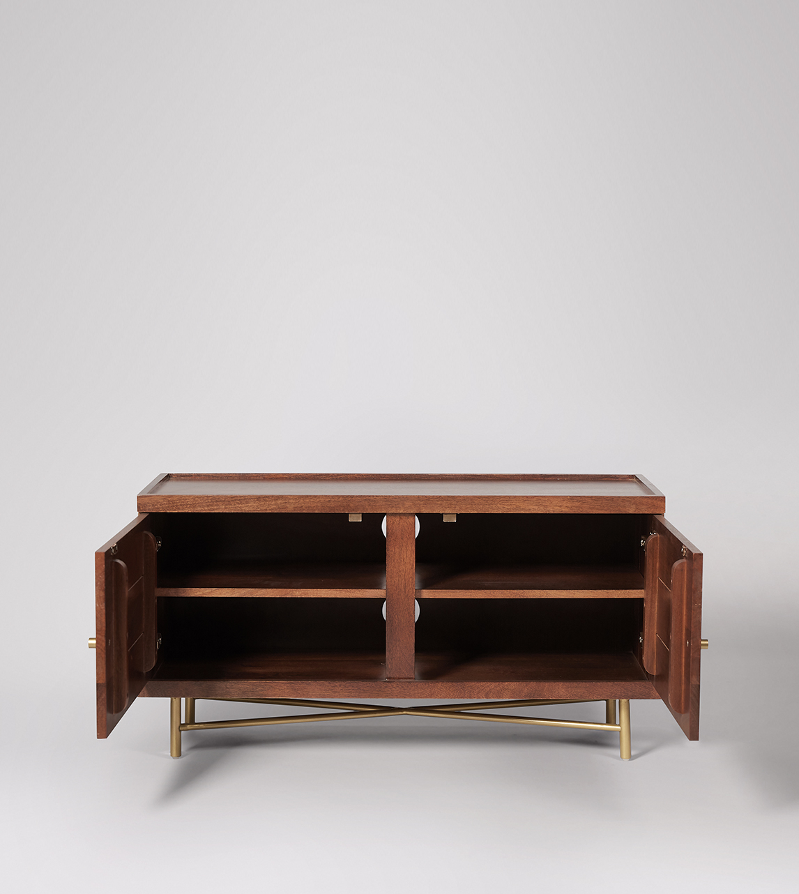 Halle Small TV Stand in Brass & Light Brown Mango Wood Swoon