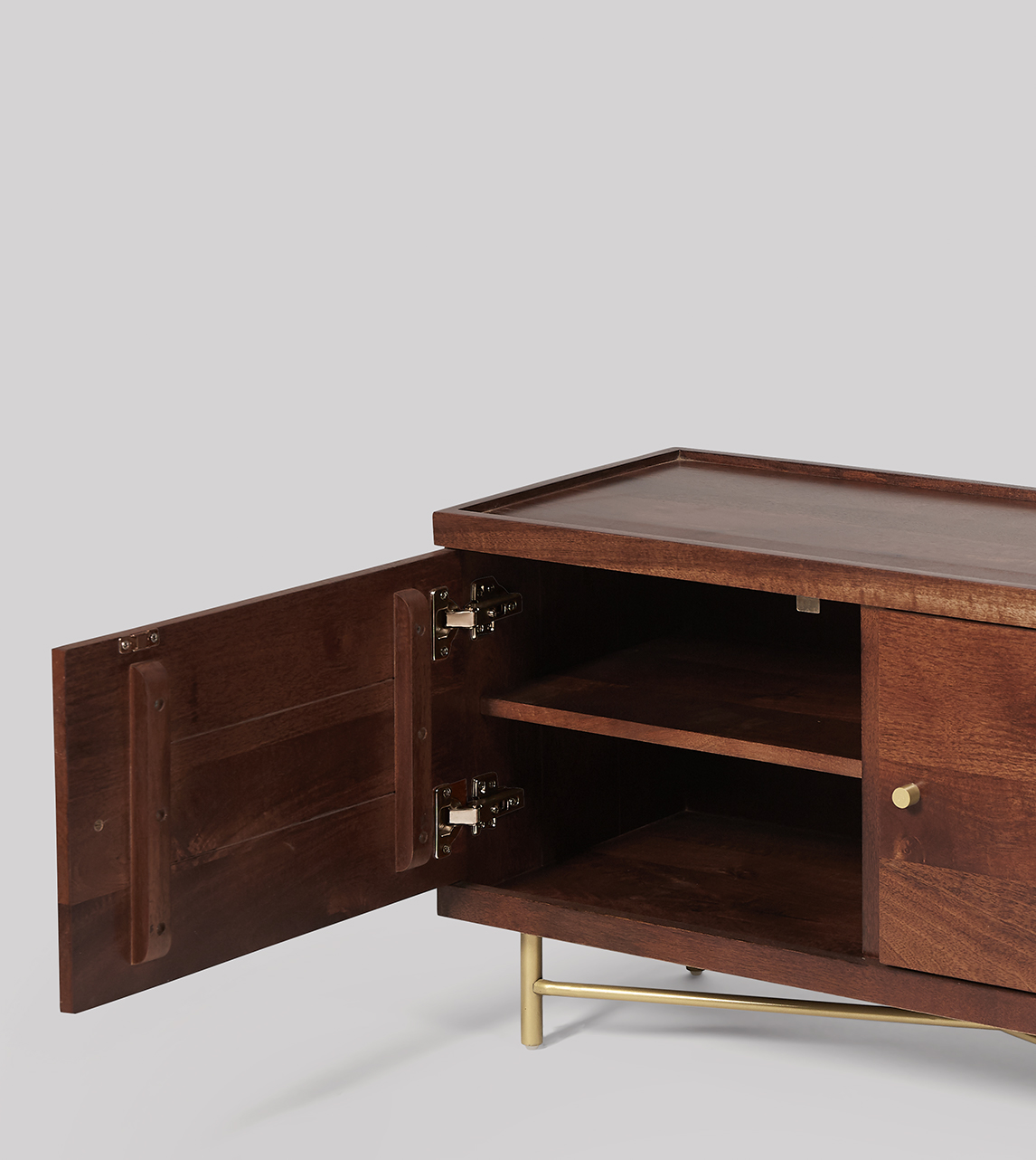 Halle Small TV Stand in Brass & Light Brown Mango Wood Swoon