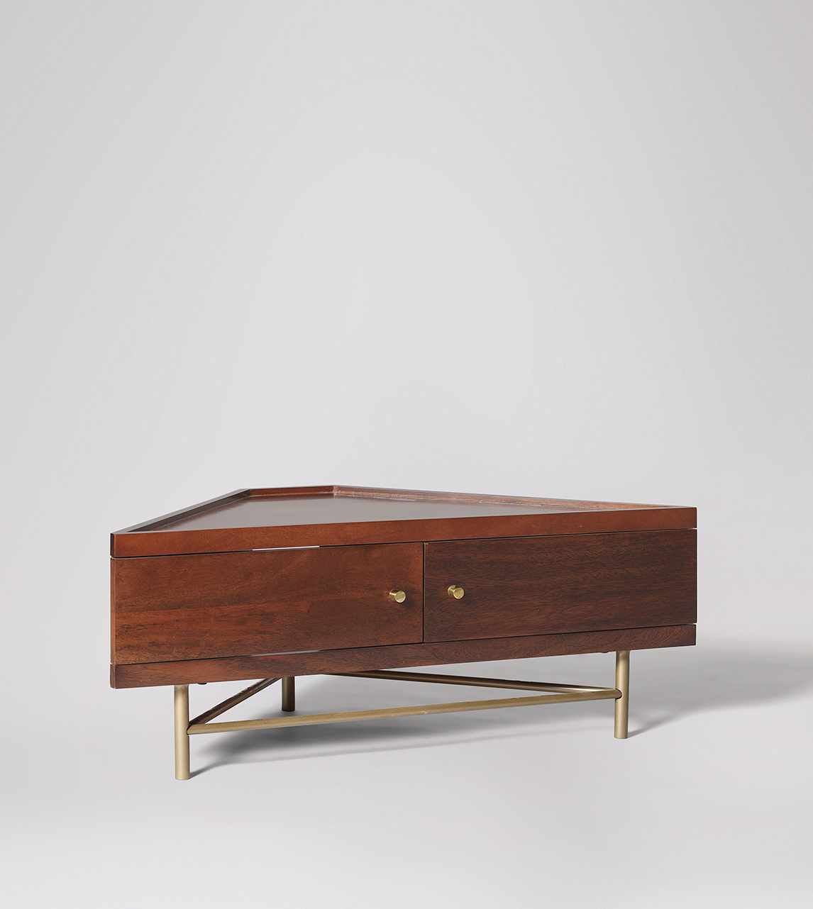 Halle MidCentury Modern Corner TV Unit in Dark Mango Wood & Brass Swoon