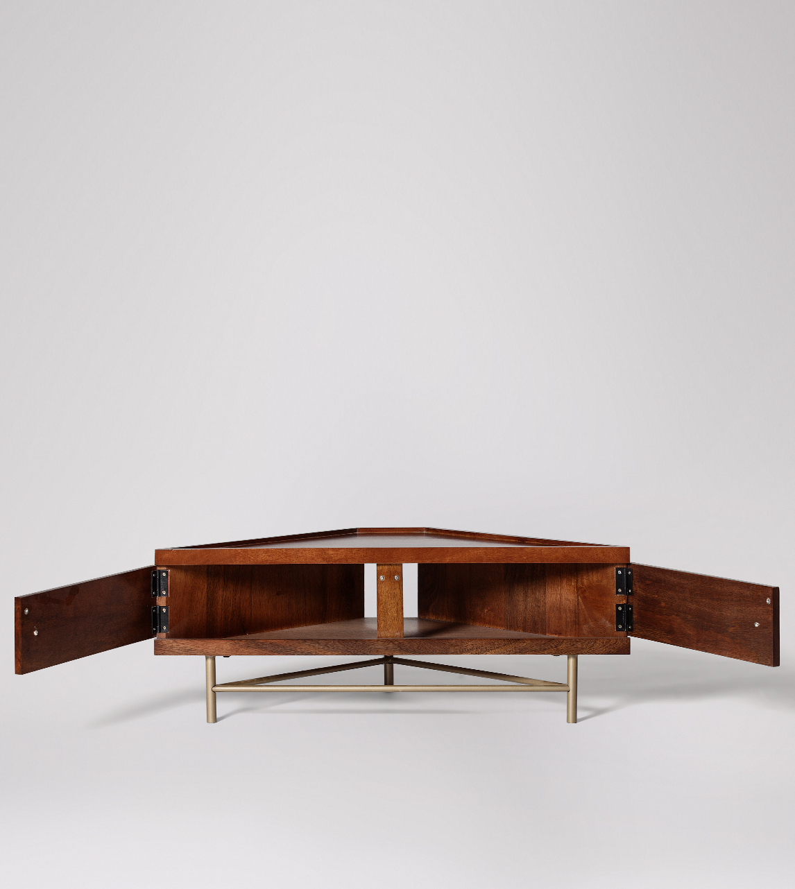 Halle MidCentury Modern Corner TV Unit in Dark Mango Wood & Brass Swoon