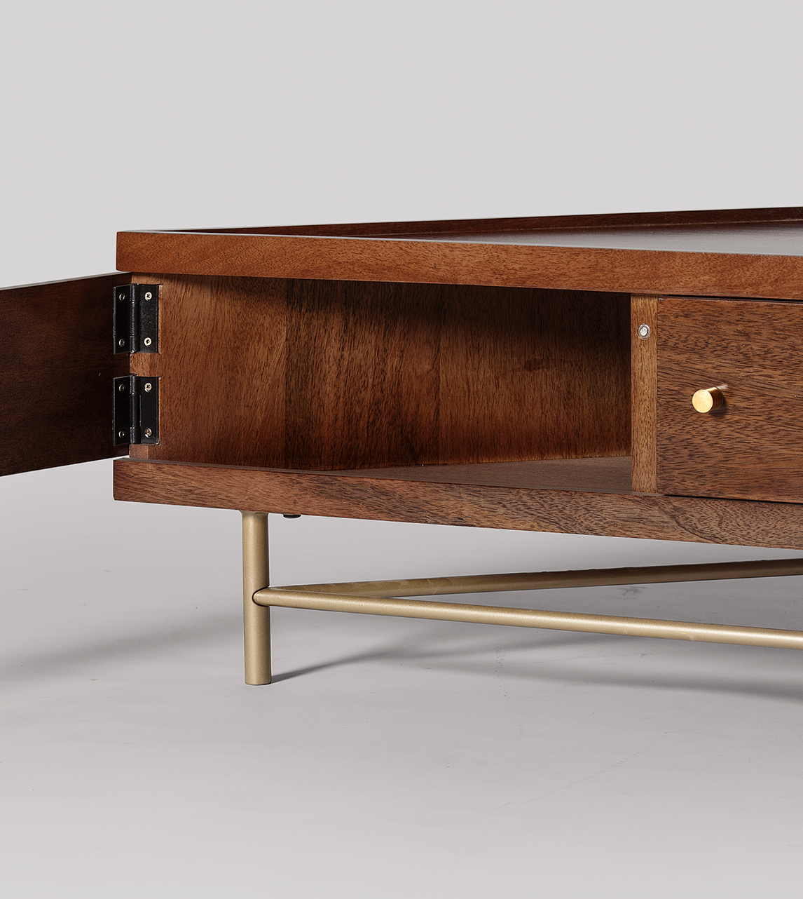 Halle MidCentury Modern Corner TV Unit in Dark Mango Wood & Brass Swoon