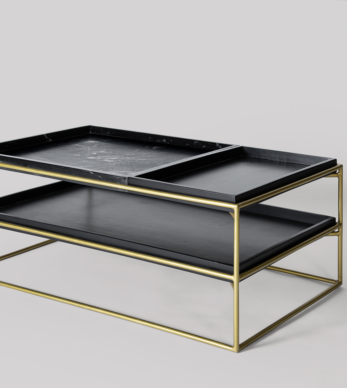 Hansel Contemporary Coffee Table in Black Marble, Black Mango Wood