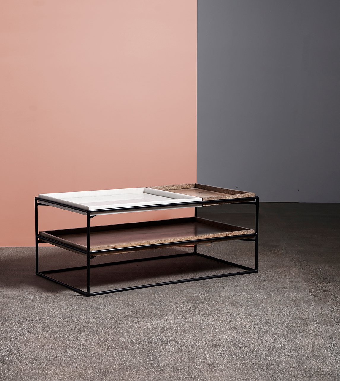 Hansel Industrial Coffee Table in Natural Oak stained Mango Wood White Marble Swoon