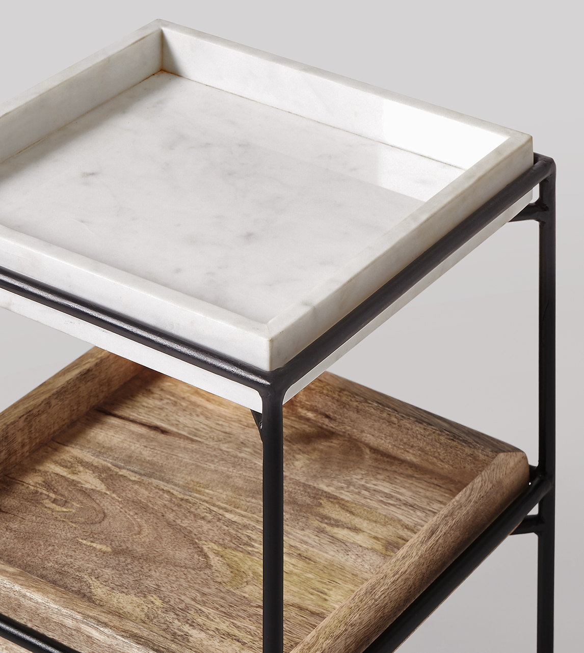 Hansel Contemporary Side Table in Black Steel, Natural Mango Wood