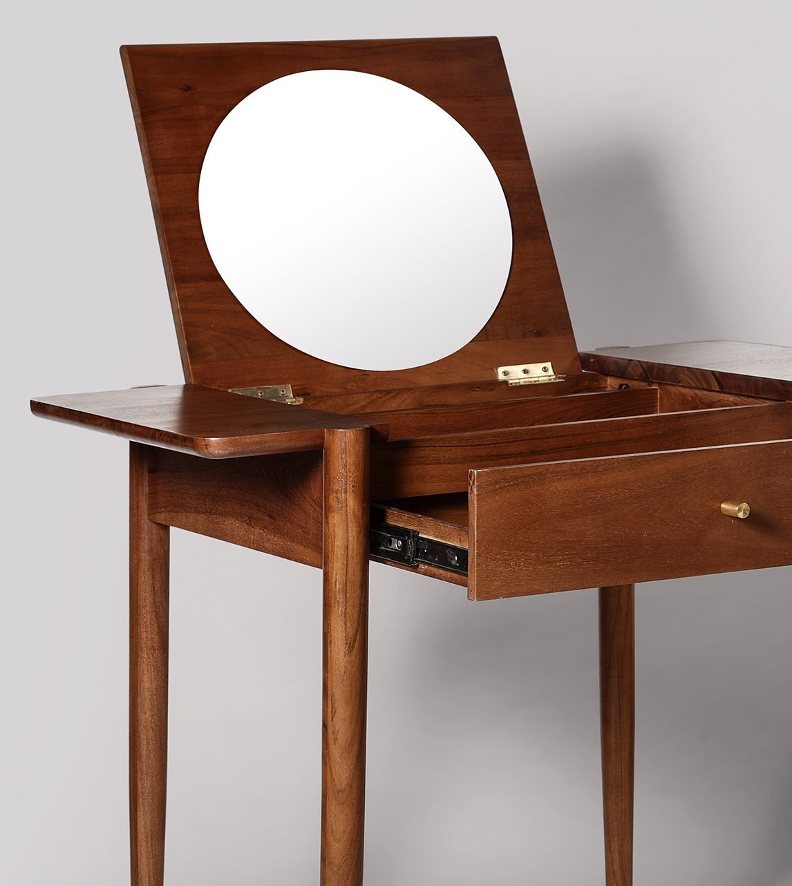 Hawksley Scandi Dressing Table in Dark Brown Acacia & Brass with Clear