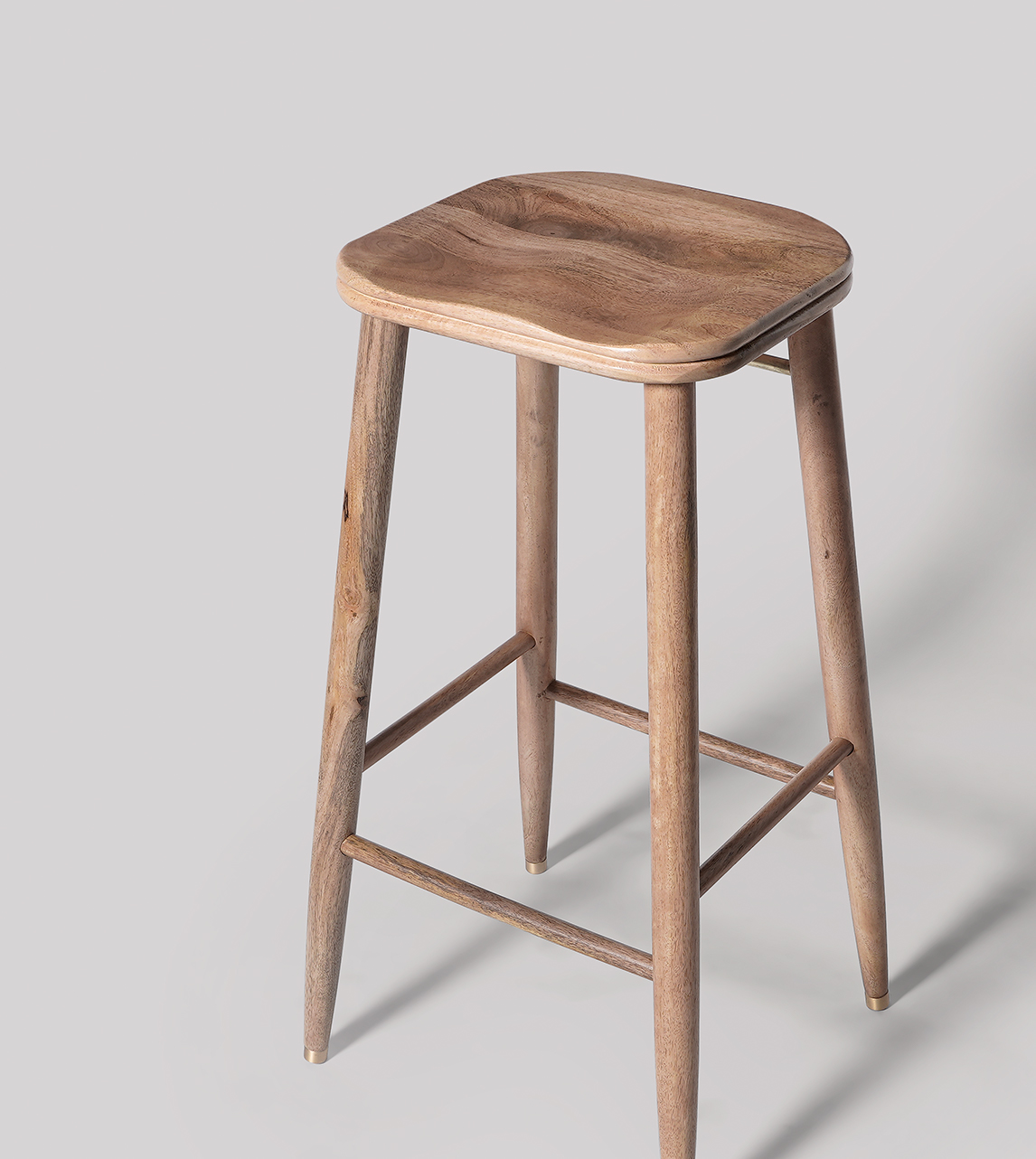 Hove Contemporary Bar Stool in Natural Oak stained Mango Wood Brass