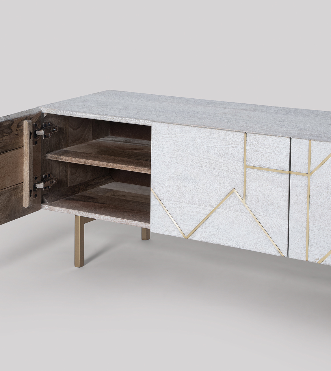 Jai Art Deco TV Stand in Sandblasted White Mango Wood & Brass Swoon