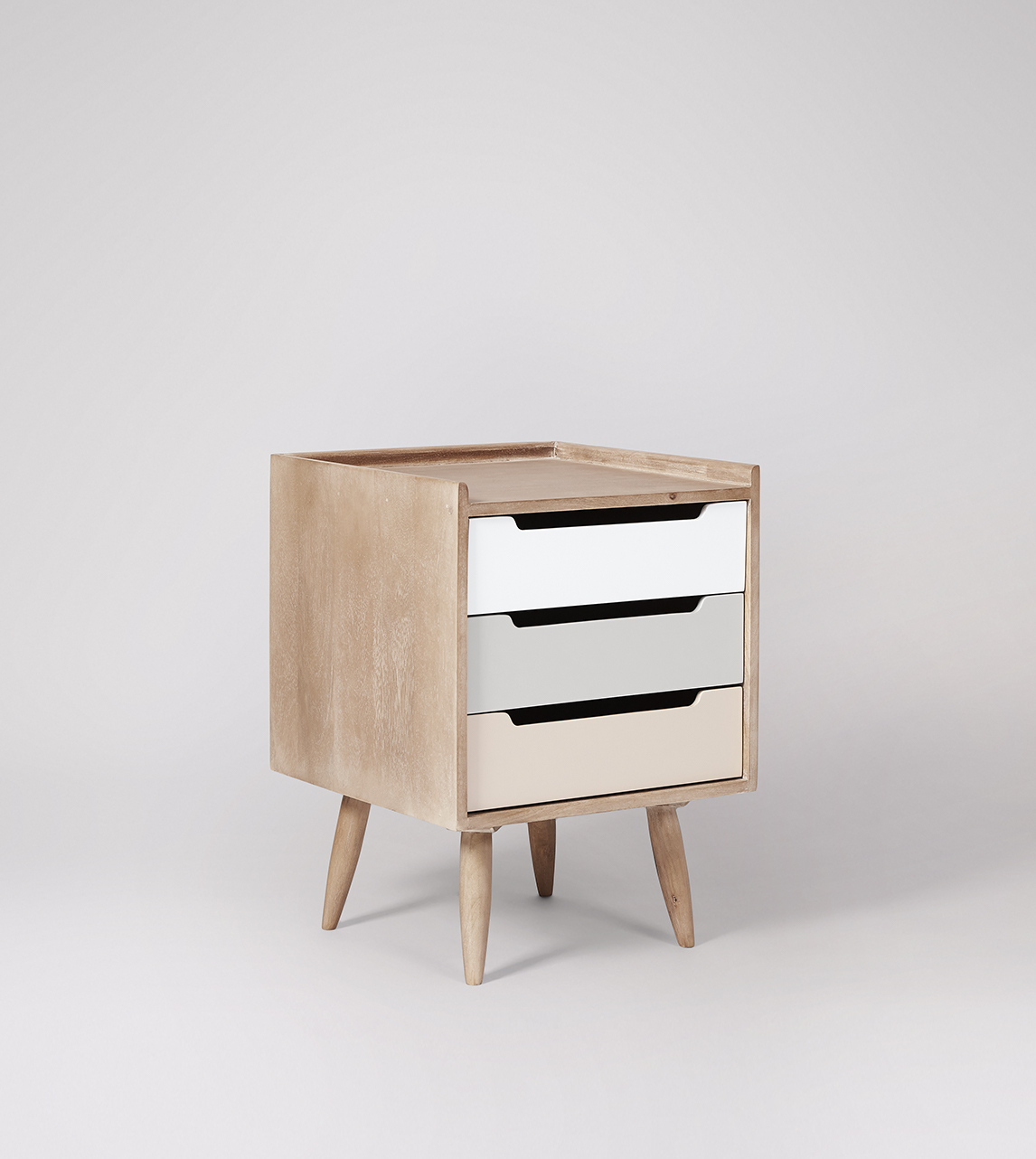 Southwark Scandi Style Bedside Table With Three Drawers In Grey Wash Mango Wood Grey Swoon