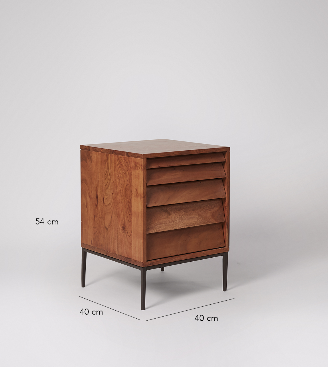 Kitami Bedside Table in Dark Brown Acacia & Black Steel. Almost