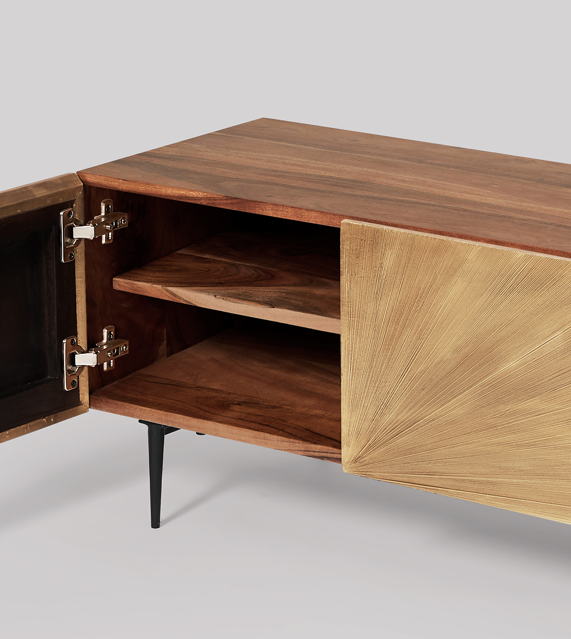 Leon Deco Style TV Stand in Acacia, Brass & Black Steel Swoon