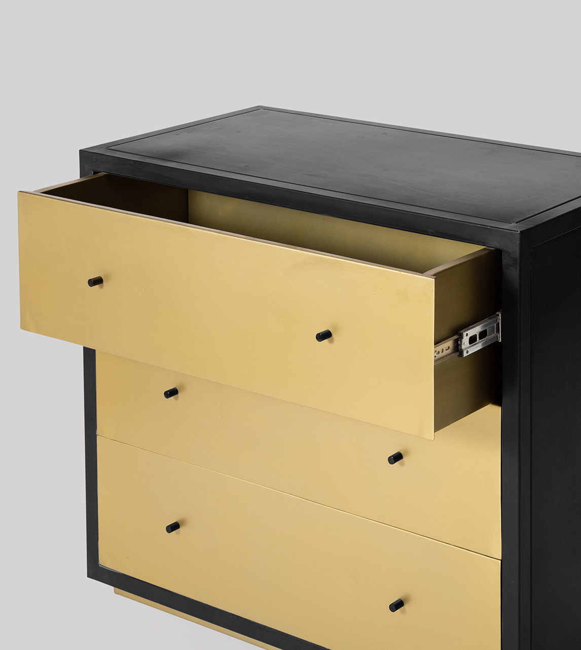 Lichfield Industrial Threedrawer Chest of Drawers in Gunmetal & Brass Steel Swoon