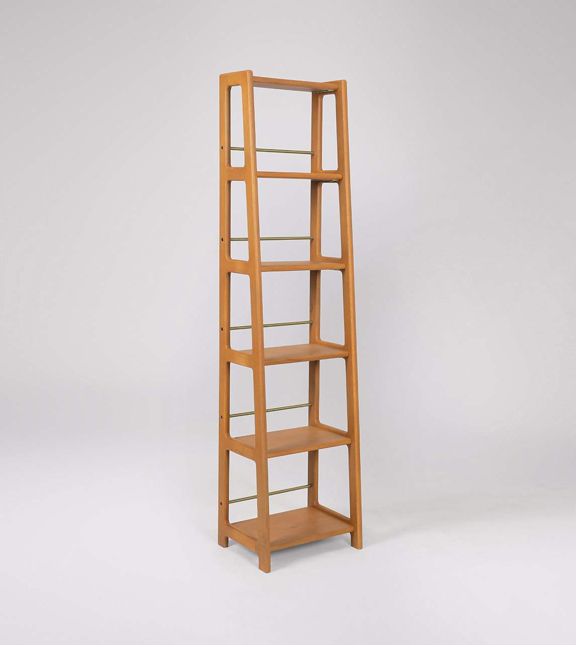 Noah Mid Century Narrow Shelving Unit in Teak stained Mango Wood Brass Swoon