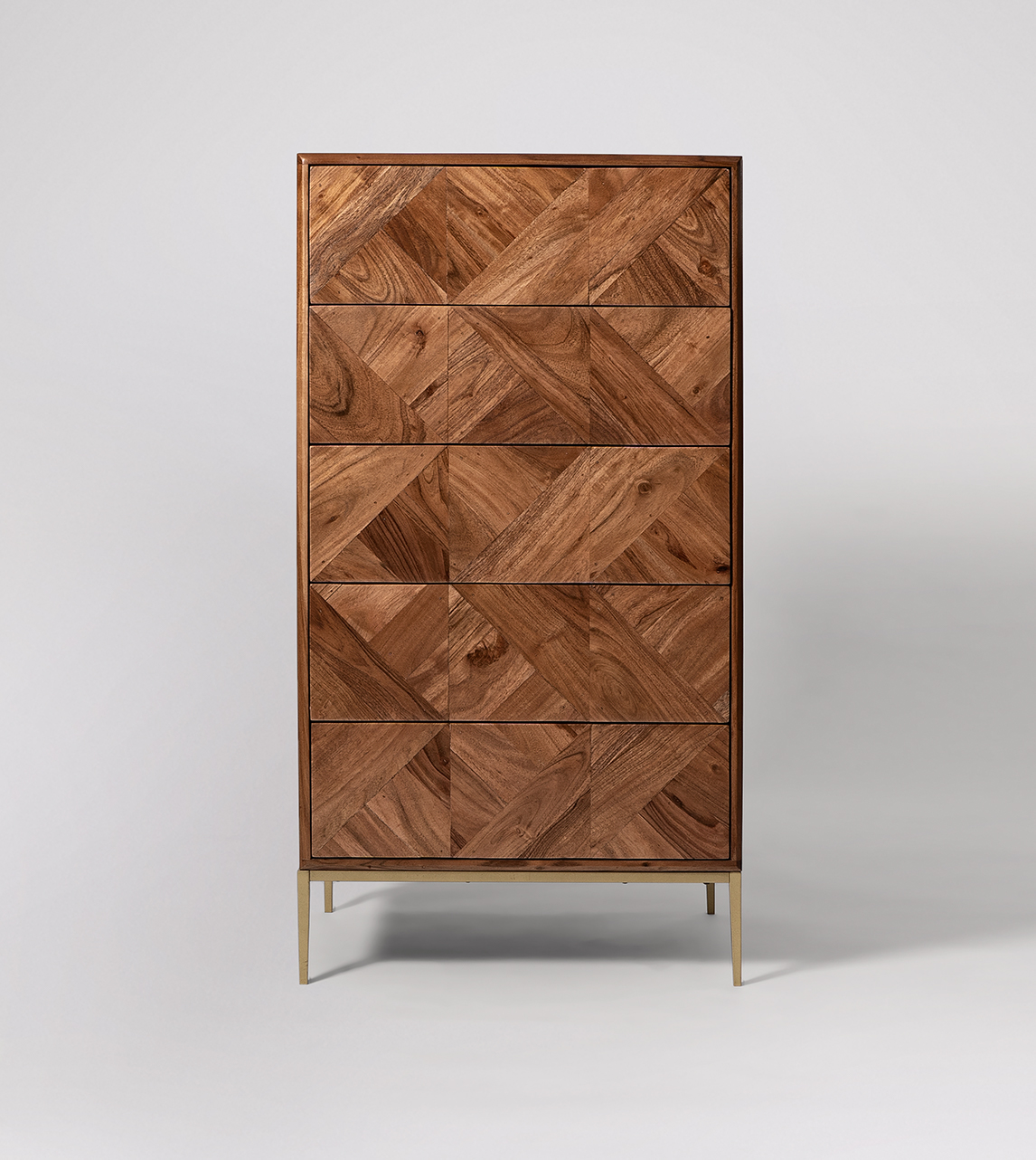 Norrebro Contemporary Five Drawer Tallboy Chest of Drawers in Dark Brown Acacia Brass Swoon