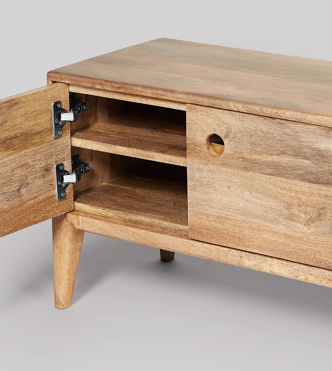 Nyhavn Scandi Style Small TV Stand in Brass & Natural Mango Wood. Swoon