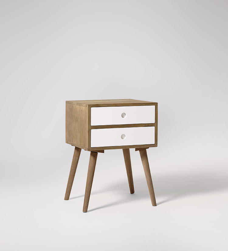 Otto Bedside Table, MidCentury Style in Mango Wood & White Swoon