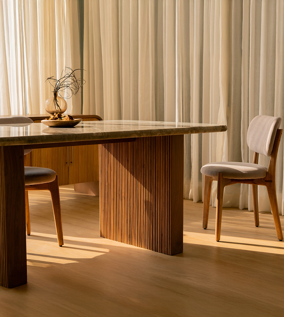 Hiro Maximalist Dining Table In Mid Brown White Marble & White | Swoon