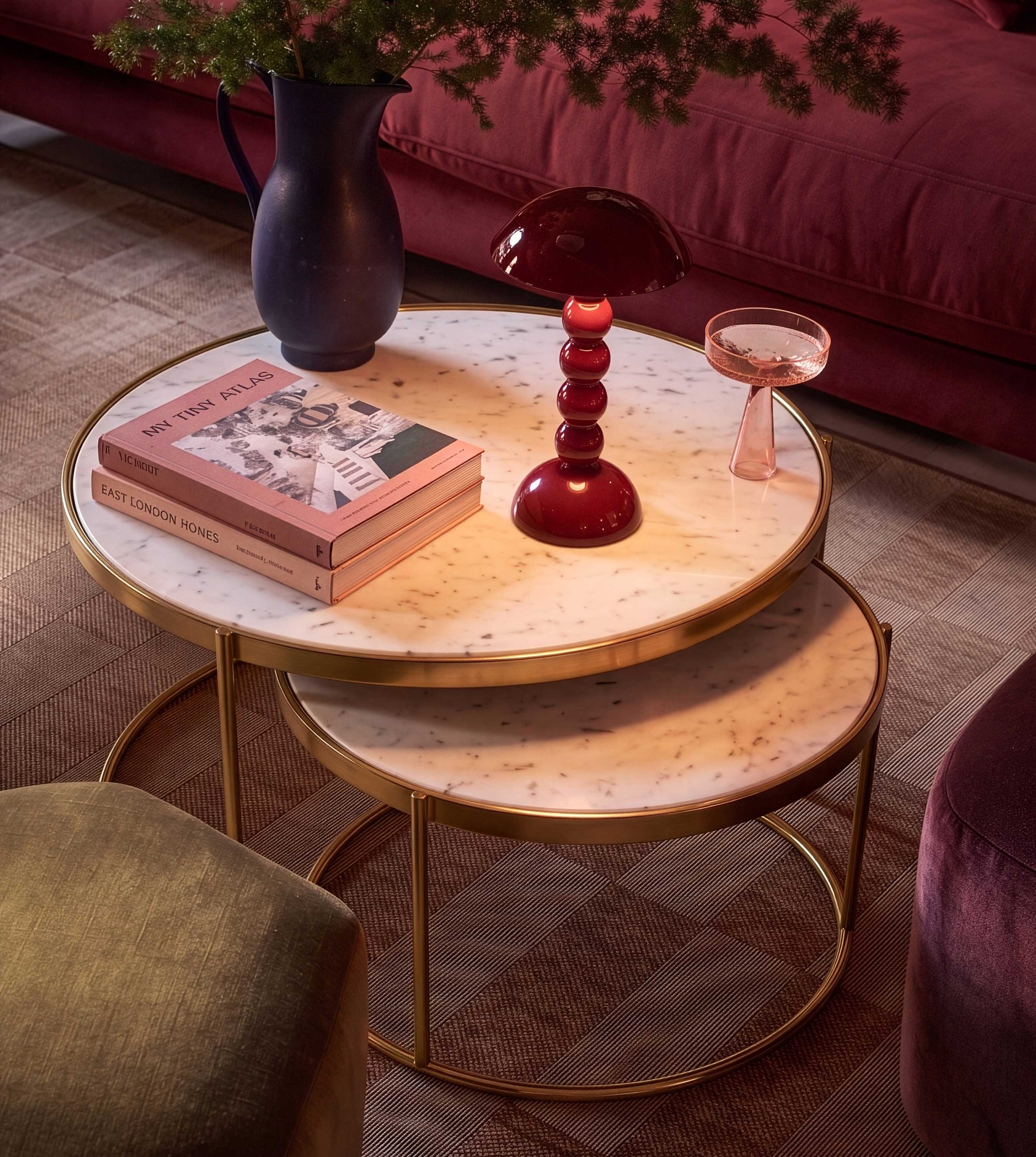 Cassel Maximalist Nesting Coffee Tables in White Marble & Brass | Swoon