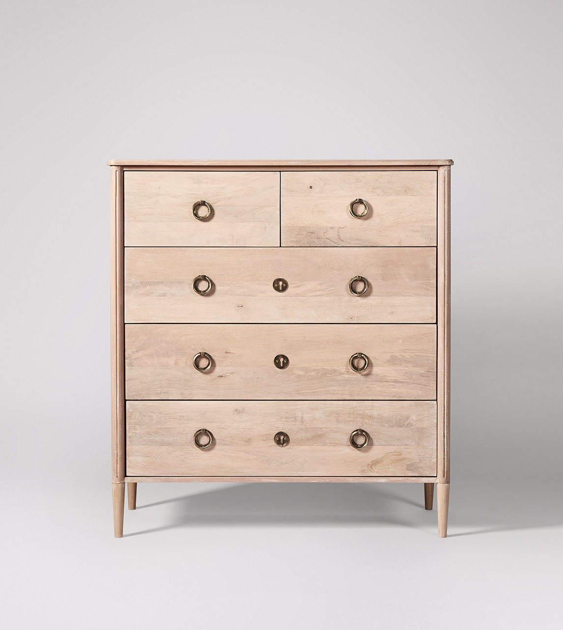 Reyna Scandi Style Five Drawer Chest Of Drawers In Natural Mango Wood Brass Swoon