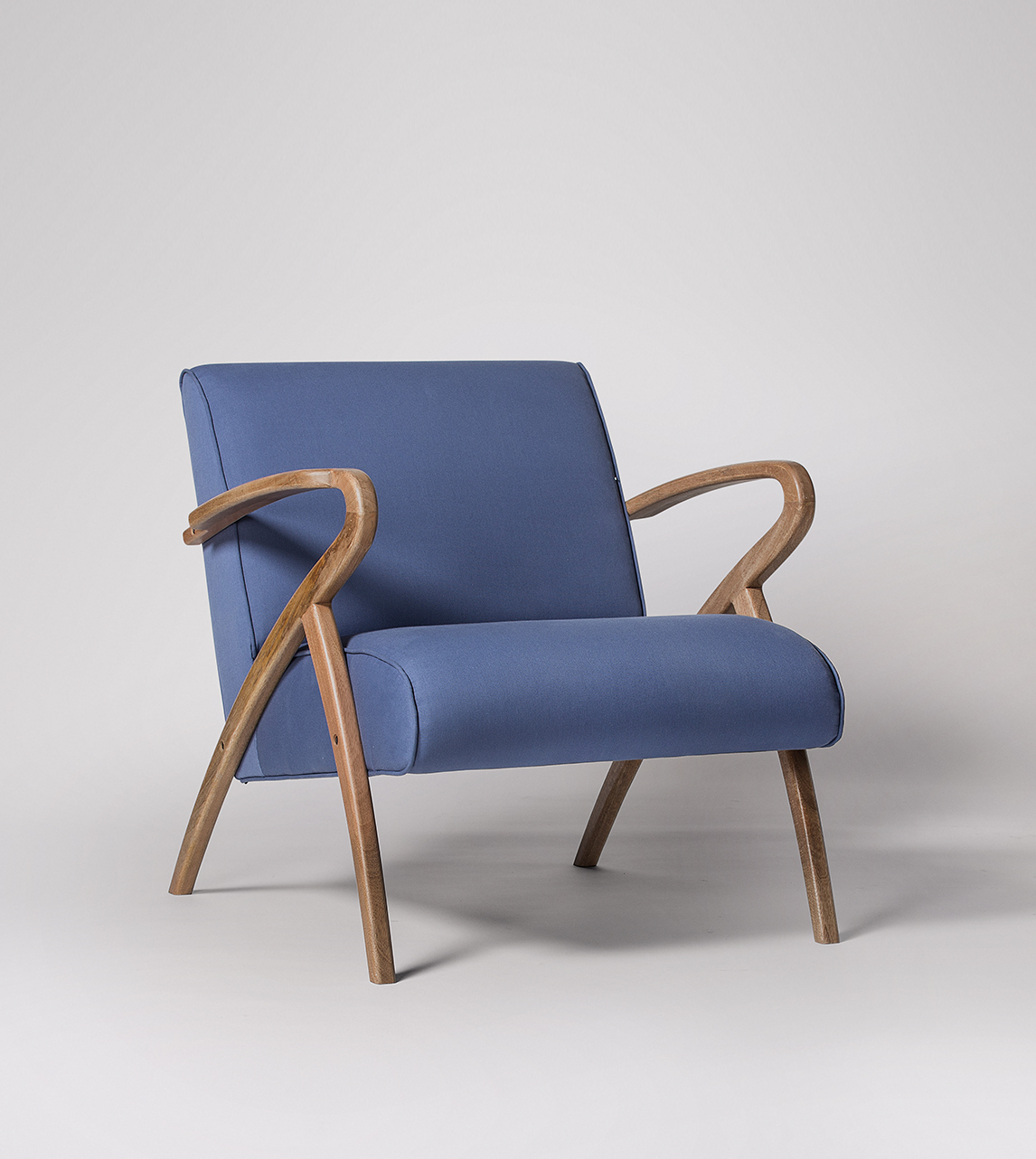 sherborne scandi armchair in natural mango wood navy blue swoon